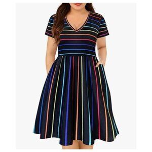 CARCOS 3X RAINBOW STRIPES Dress V Neck Short Sleeve Dresses - Pockets